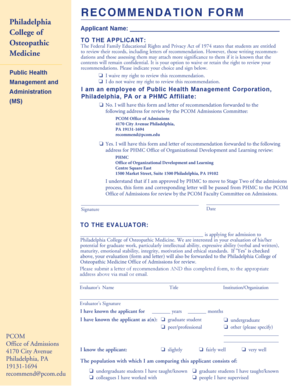 Recommendation Form for Philadelphia College of Osteopathic Medicine