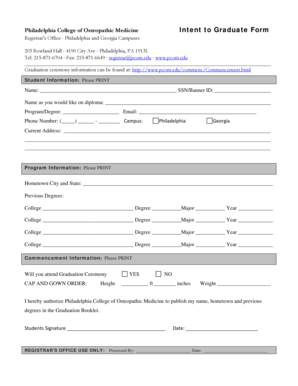 Philadelphia College Intent to Graduate Form