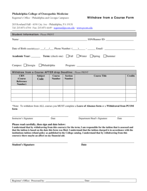 Philadelphia College of Osteopathic Medicine Course Withdrawal Form