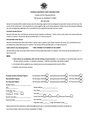 Norwich University Laundry and Dry Cleaning Registration Form