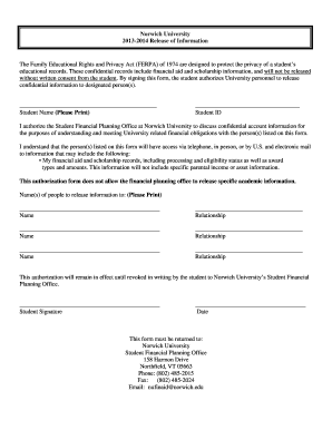 Norwich University FERPA Release Form
