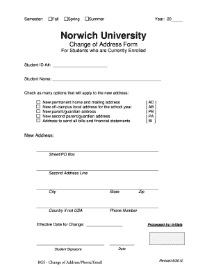 Norwich University Change of Address Form