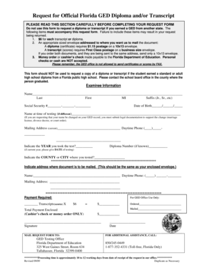 Florida GED Diploma and Transcript Request Form
