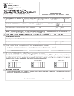 Pennsylvania Special Organization Registration Plate Application