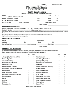 Plymouth State University Health Questionnaire