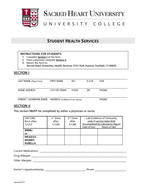 Sacred Heart University Student Health Form