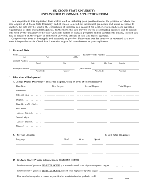 St. Cloud State University Unclassified Personnel Application Form