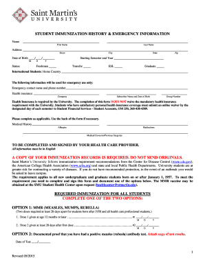 Student Immunization History and Emergency Information Form