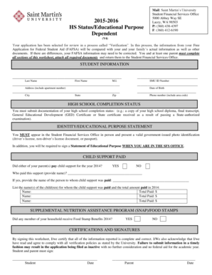 Verification Worksheet for FAFSA