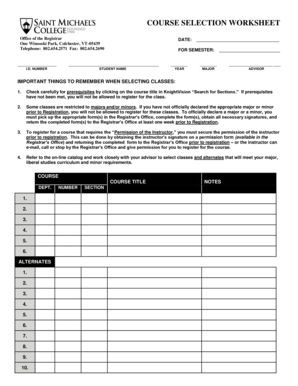Course Selection Worksheet