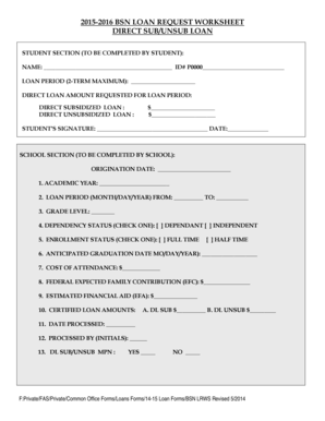 BSN Loan Request Worksheet