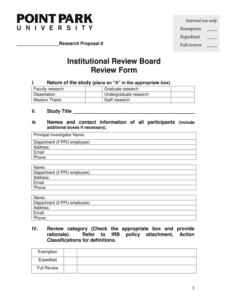 Fillable Online pointpark Institutional Review Board Review Form Fax ...