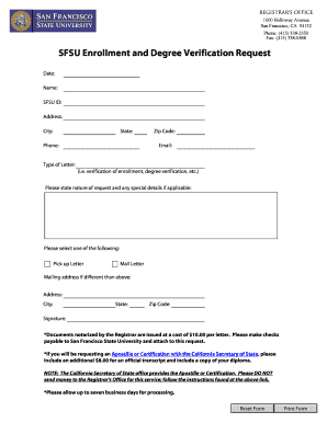 SFSU Enrollment and Degree Verification Request