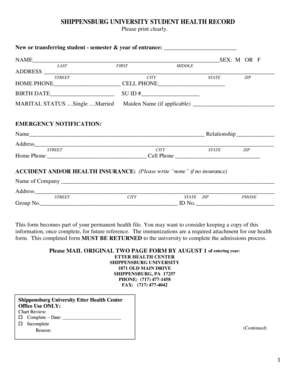 Shippensburg University Student Health Record