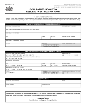 Pennsylvania Local Earned Income Tax Residency Certification Form