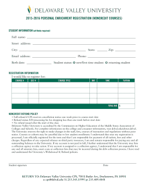 Delaware Valley University Noncredit Course Registration Form