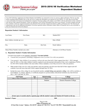 2015-2016 Verification Worksheet for Dependent Students