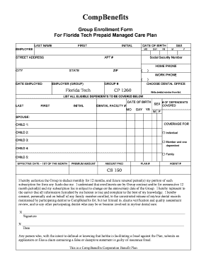 Group Enrollment Form for Florida Tech Prepaid Managed Care Plan