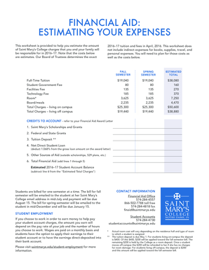 Saint Mary's College Financial Aid Expense Estimation Worksheet