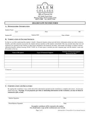 2014-2015 Low Income Form
