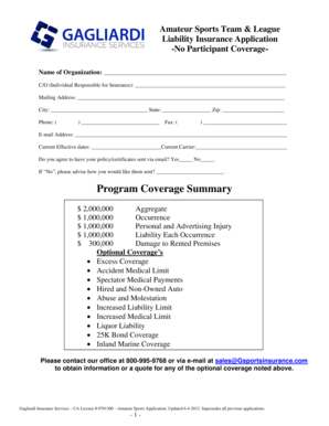 Amateur Sports Team Liability Insurance Application