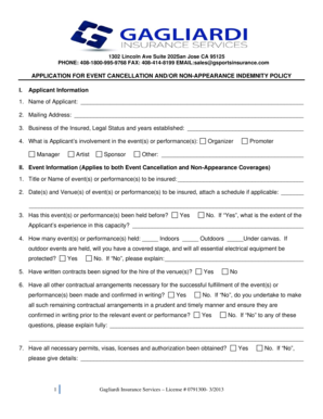 Event Cancellation and Non-Appearance Indemnity Policy Application