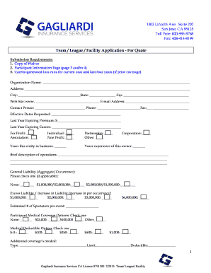 Team League Facility Application for Quote