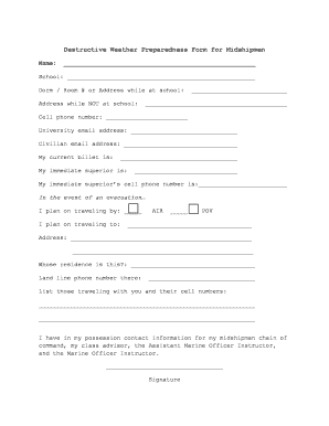 Destructive Weather Preparedness Form for Midshipmen