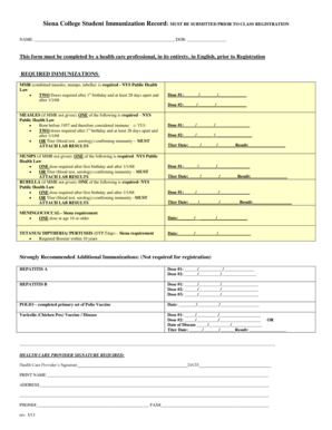 Siena College Student Immunization Record