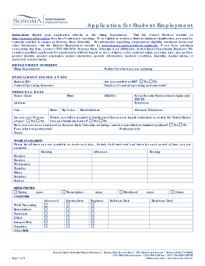 Sonoma State University Student Employment Application