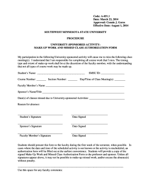 Make-Up Work and Missed Class Authorization Form