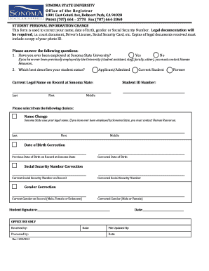 Sonoma State University Student Personal Information Change Form