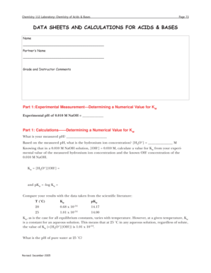 Chemistry Lab Data Sheet for Acids & Bases
