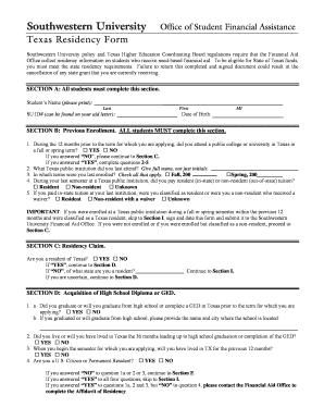 Texas Residency Form for Financial Aid