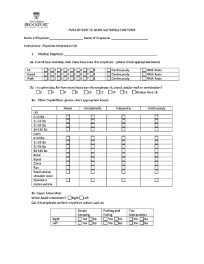 FMLA Return to Work Authorization Form