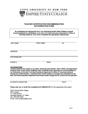 Teacher Certification Recommendation Authorization Form