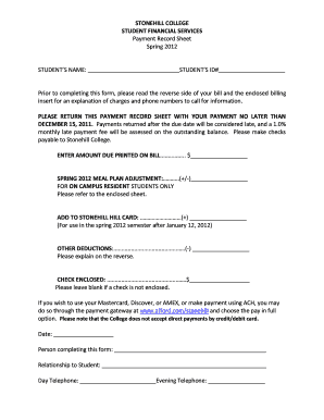 Stonehill College Payment Record Sheet