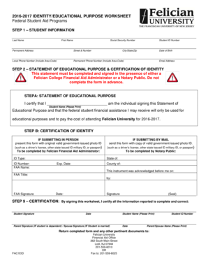 2016-2017 Student Aid Identity Worksheet