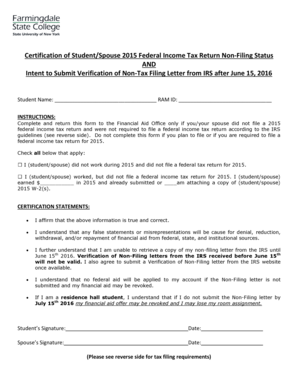 2015 Federal Income Tax Non-Filing Certification