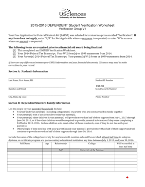 2015-2016 Dependent Student Verification Worksheet