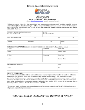 Syracuse University Physical Exam and Immunization Form
