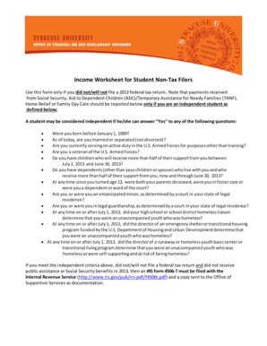 Income Worksheet for Student Non-Tax Filers