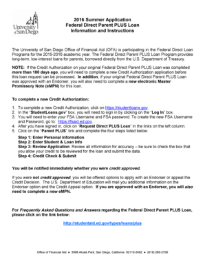2016 Summer Federal Direct Parent PLUS Loan Request Form
