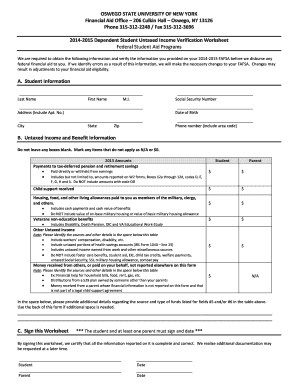 2014-2015 Dependent Student Untaxed Income Verification Worksheet