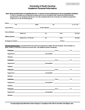 University of South Carolina Academic Personal Information Form