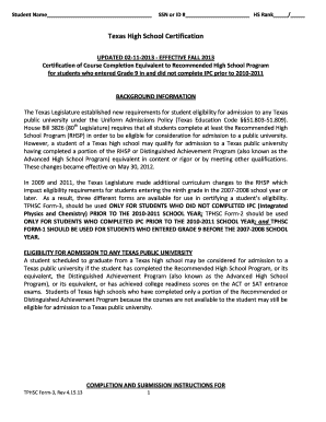 Texas High School Certification Form