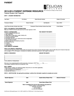 2013-2014 Parent Expense Resource Form