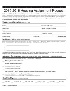 University of the Pacific Housing Assignment Request Form