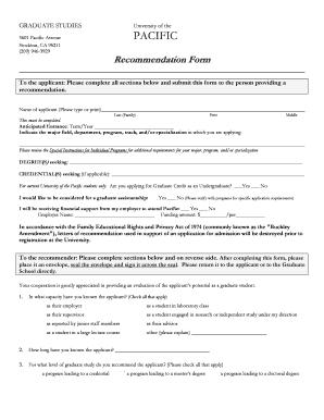 University of the Pacific Graduate Studies Recommendation Form