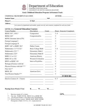 List courses by department and number, grade received, and semester completed for each area listed - uscb